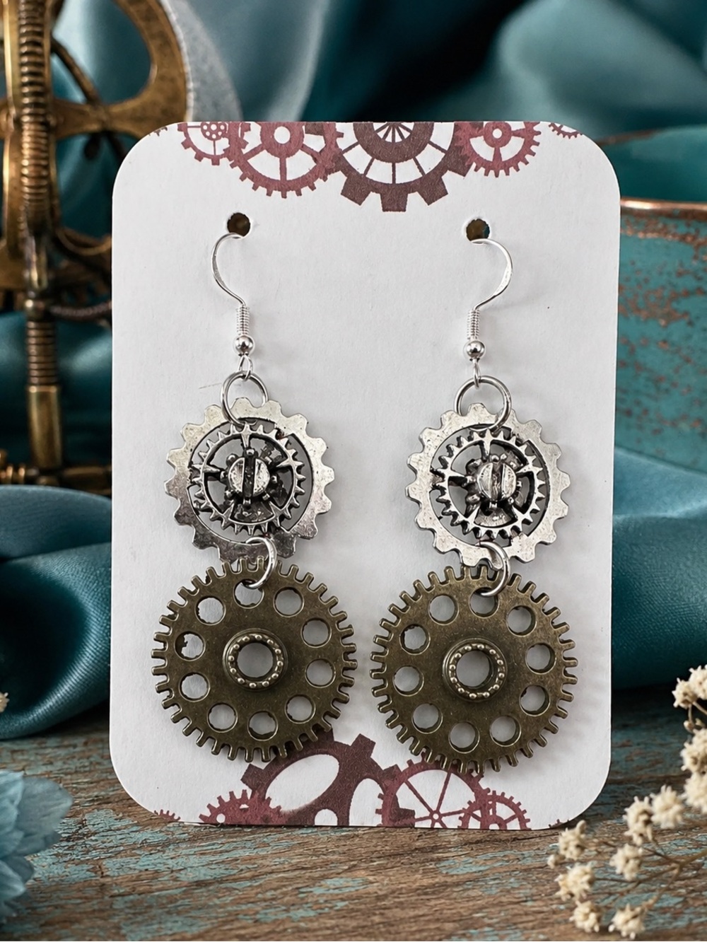 New Handmade Steampunk Gear Dangle Earrings Silver Bronze Cog 2.7” | Version 4